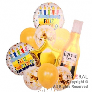 SET DE GLOBOS METALIZADOS CERVEZA Y LATEX CON CONFETI x 10 UNIDADES